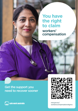 Image of poster showing woman in scrubs smiling - You have the right to claim workers' compensation